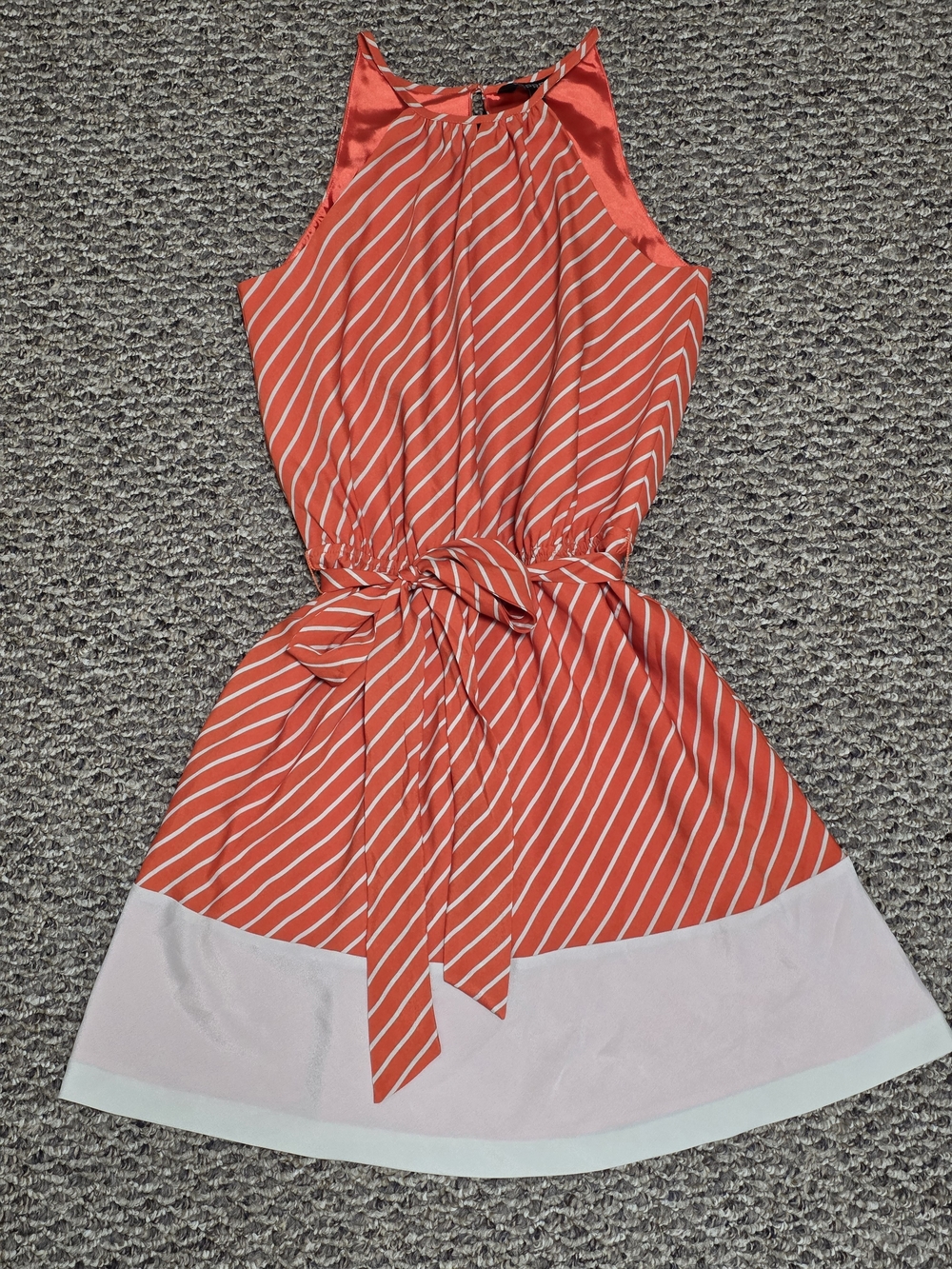 Express Coral Stripe Halter Fit & Flare Dress Tie Waist Keyhole Neckline | Sz S - Picture 2 of 12